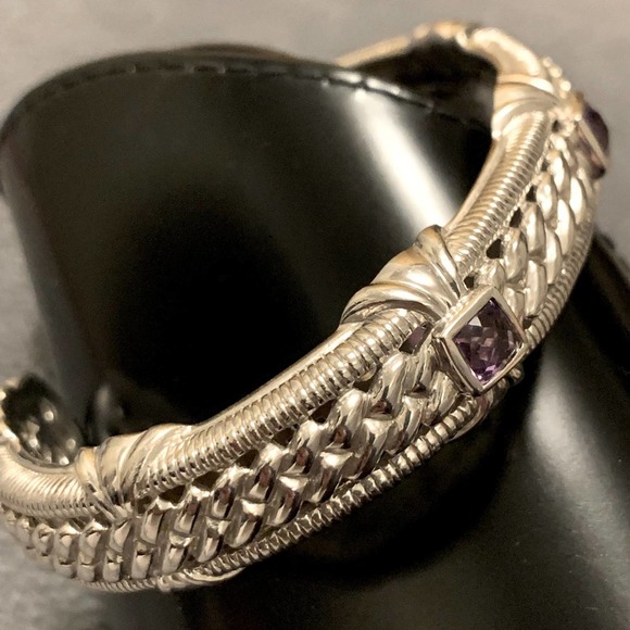 Judith Ripka hinged cuff sterling silver 925 bracelet with amethysts. Size Large - Picture 9 of 9
